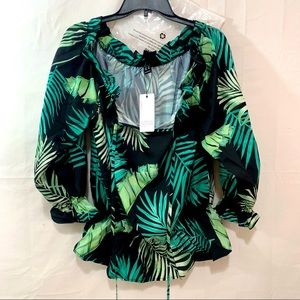 Sheilay NIB V-Neck Tie w/Ruffle Hem & Cuffs Palm Print Shirt Size 3XL